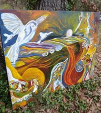 Psychedelic Snowy White Owl Painting Folk Art Painting Surreal Beach Retro