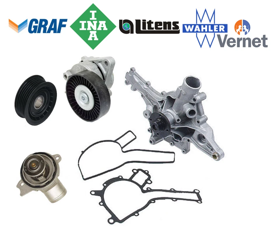 Conjunto de tensor termostato bomba de agua OEM polea loca 4 piezas para Mercedes V6 V8 Foto 3 de 4