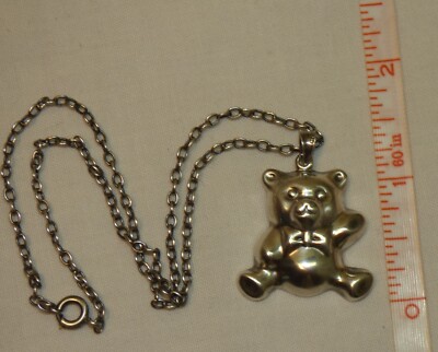 Vintage 3D Sterling Silver Teddy Bear Necklace 925 Pendant on 14'' Chain