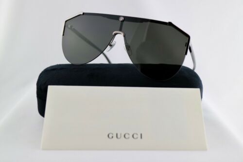 Gucci GG0584S 001 Sunglasses Ruthenium Frame Black Arms Grey Lens Unisex Shield - Picture 1 of 6