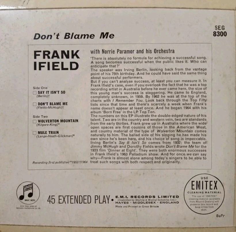 Frank Ifield-Don't Blame Me Vinyl EP 7" Single.1963 Columbia SEG 8300.Mule Train - Image 2 of 4