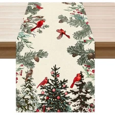 Cardinal Birds Winter Pine Tree Christmas Xmas Table Runner for Kitchen Dining