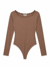 Abercrombie Fitch Womens Brown Ribbed Bodysuit Long Sleeve Ruffle Neck Size M