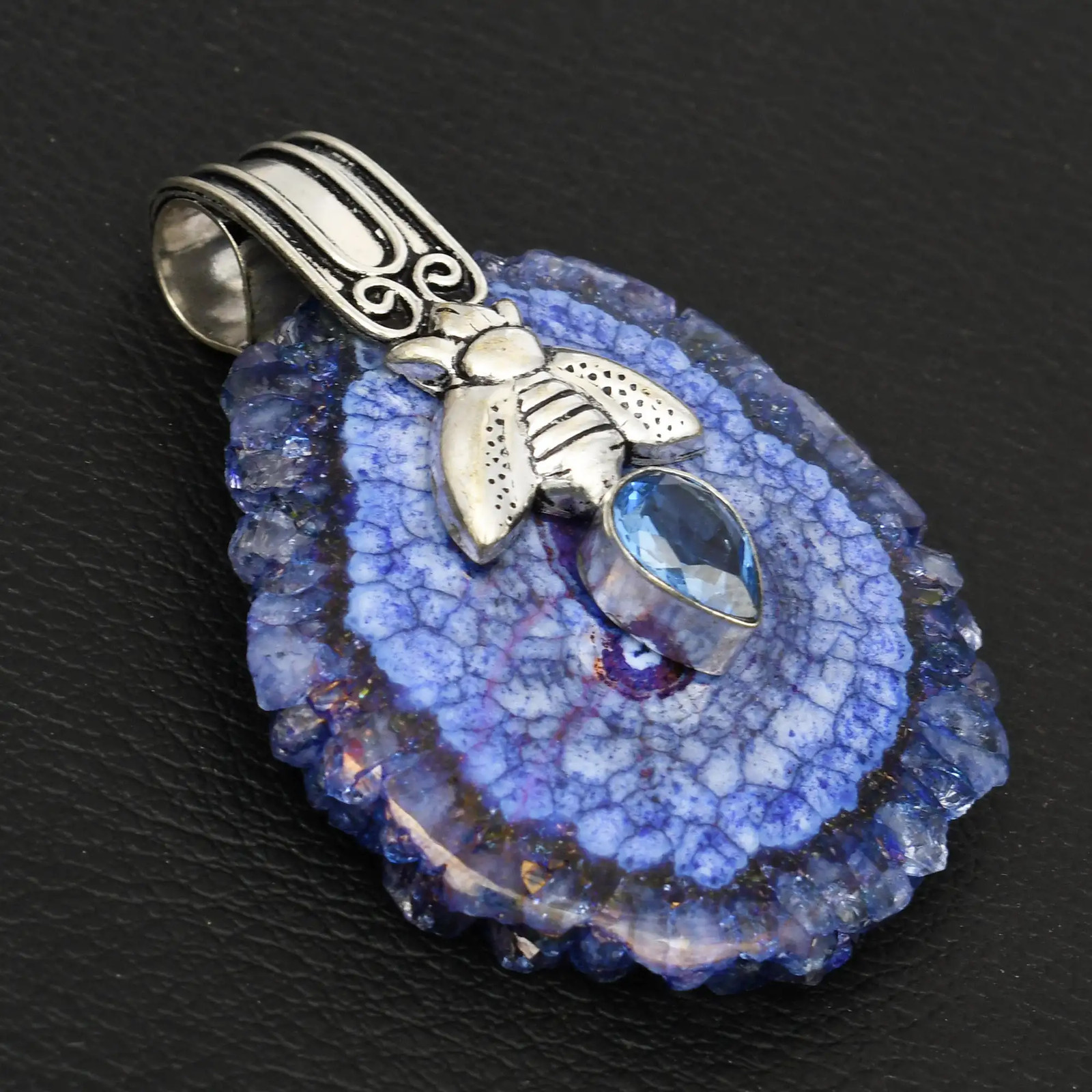 Solar Quartz Blue Topaz Gemstone Handmade Insects Pendant Jewelry 2.28