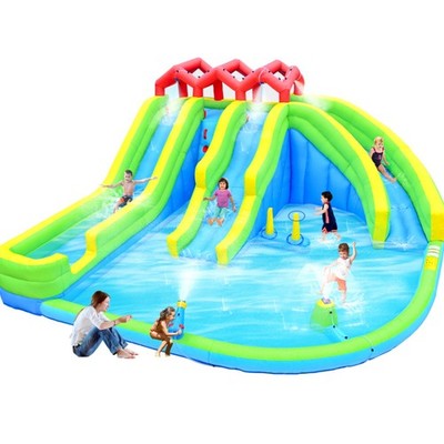 7 in 1 Inflatable Water Park 3 Slide Climbing Wall with Blower for Kids