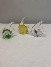 3 VTG Hand Blown Art Glass Angel Fish Paperweight Sculptures Blue Murano Style