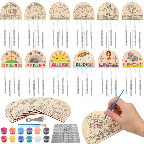 24 Sets Easter Wind Chimes Craft Make Your Own Religious Wooden Wind Chime DI...