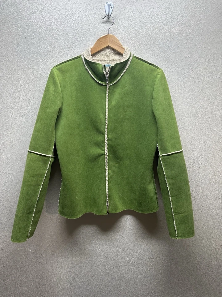 天鹅绒人造剪绒全拉链绿色麂皮绒夹克女式大号 — 第 3/4 张图片