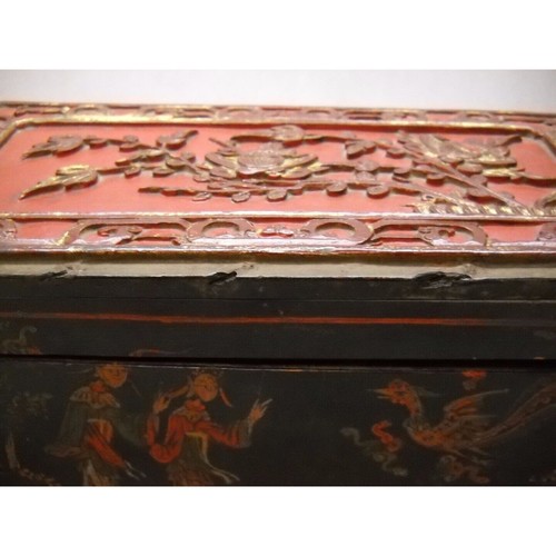 ANTIQUE Lacquered CHINESE Wooden BOX Carved TOP 19TH CENTURY Carved TOP ...