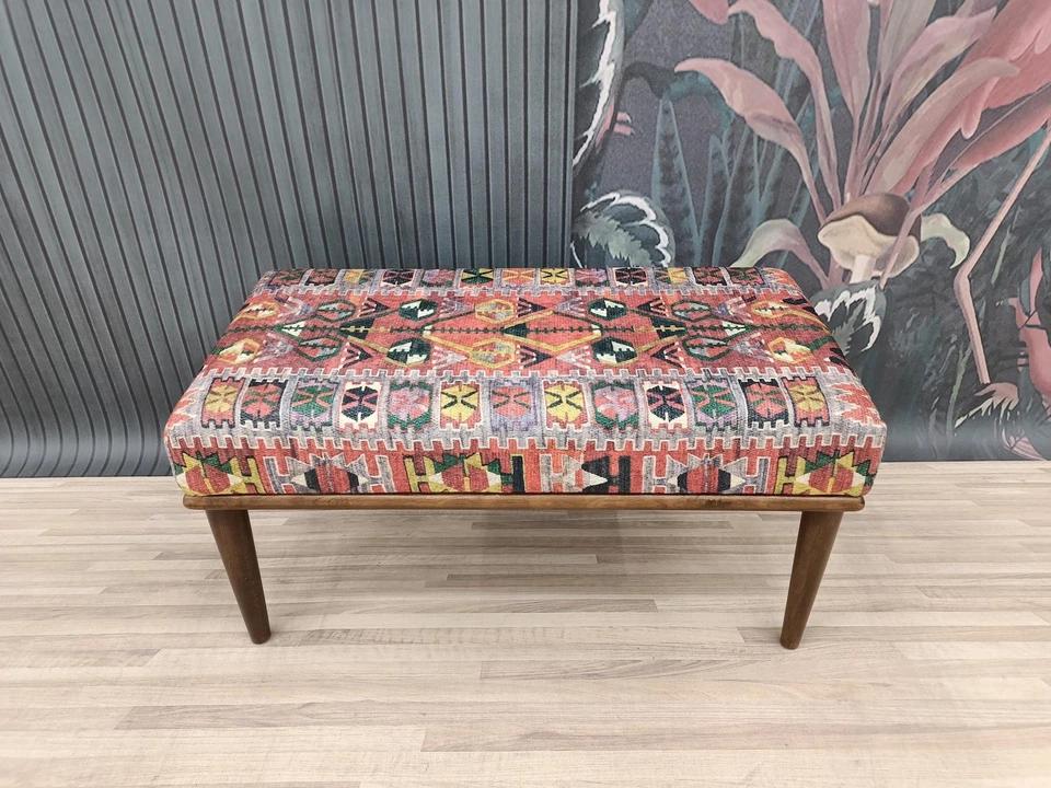 Kilim Pattern Upholstered Bench Wood Work Bench Turkish Rug Bench Boho Bench - Image 4 of 4