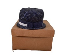 Vintage Woman's Straw Hat Navy Blue Union Made With Box Flapper Era 30s Cocktail