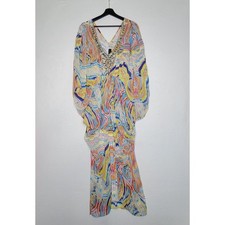 Orna Farho Paris Embellished Maxi Dress Multi-Color Abstract Draped Kaftan Sz 38
