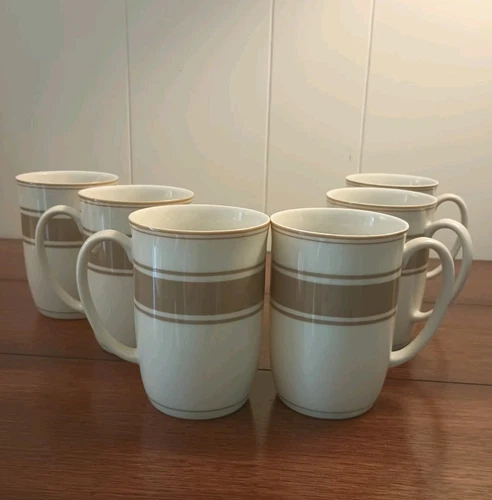 Fitz And Floyd Slim Coffee Mugs Cups Simplistic Khaki Stripe Set Of 6 Japan