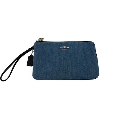 Coach Corner Double Zip Wristlet Wallet Signature Denim Leather