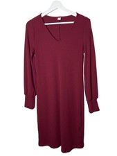 Old Navy Dress Womens Medium Burgundy Ribbed Knit V Neck Midi Puff Sleeve Fall