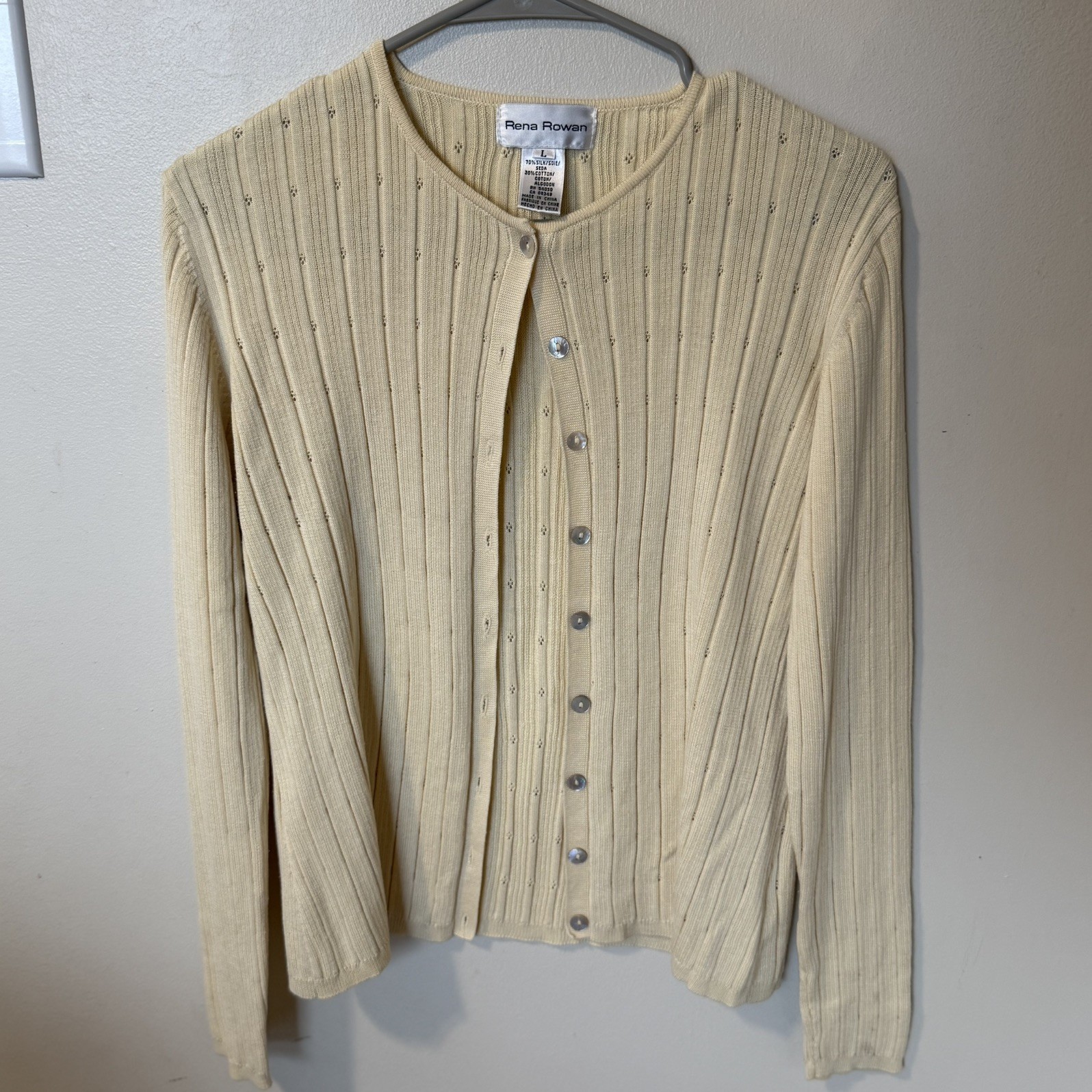 Rena Rowan Silk Cotton Cardigan L Cream Ribbed Button Front Light Sweater VTG