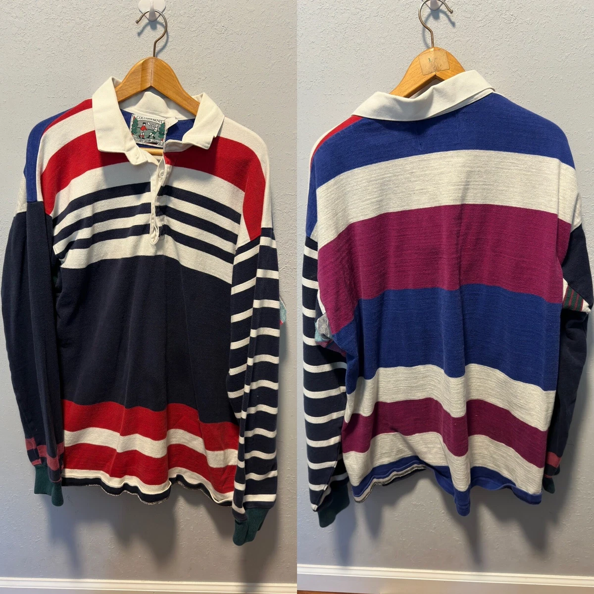 VTG Columbia Knit Long Sleeve Polo Rugby Shirt Multicolor Cotton USA Men  Size 2x