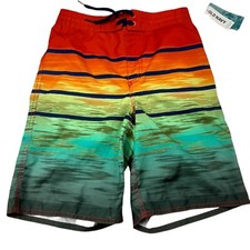 Old Navy Youth Swimsuit Large 10-12 Lined Pocket Ocean Stripe Orange Green