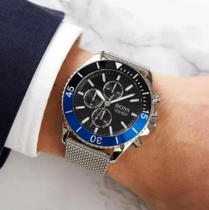 BOSS MENS WATCH STAINLESS STEEL SILVER BRACELET & BLACK DIAL  