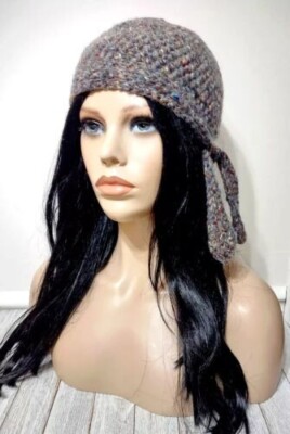 crochet womans handmade skull biker hat chemo wool blend brown amber USA made