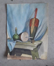 Original Watercolor Painting - Still Life Ship Items Green Bottle Bench