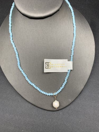 Signed Necklace Boho freshwater pearl Pendant Blue Crystal 16” - Picture 5 of 8