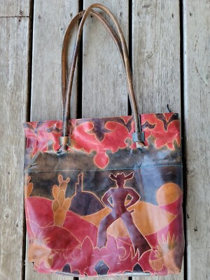 India Leather Tote Bag Purse Bright hand painted cowboy desert scenes Western
