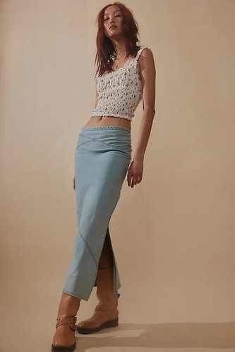 Free People Muse Moment Mid-Rise Slip Slit Midi Skirt, Blue, UK 6, RRP $88