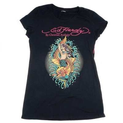 Ed Hardy T-Shirt Pinup Graphic Mermaid Seashell Pasties Double Sided Women's SM