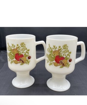 VTG Corning Ware Footed Milk Glass Coffee Mugs Spice Of Life Set of 2 Cups White