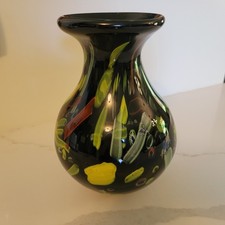 Black Glass Studio Art Vase Murano Style Thick Heavy 10" Tall 6" Wide Handmade