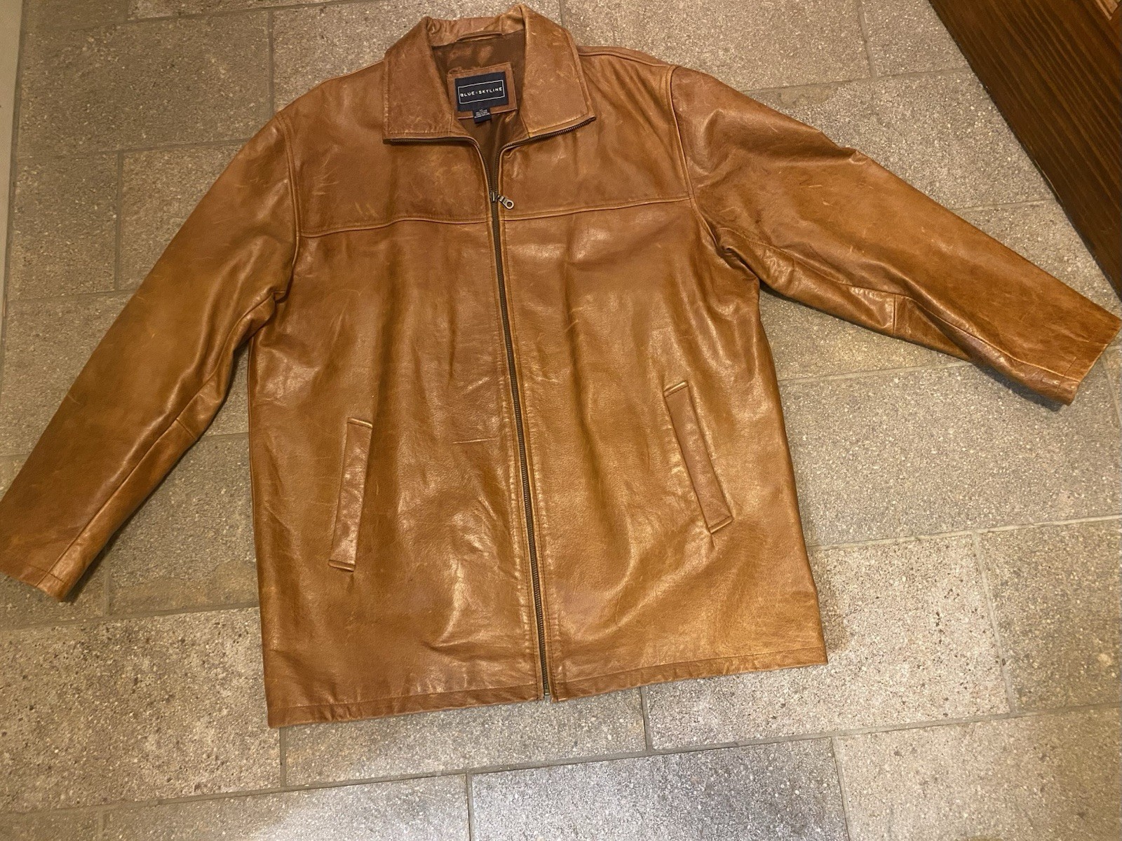 Blue Skyline Men’s Xlarge 100% Leather Jacket Car Coat Carmel Brown
