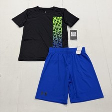 Under Armour Shirt Shorts Set Boys 6 Blue Black Logo Athletic 2 Piece Summer