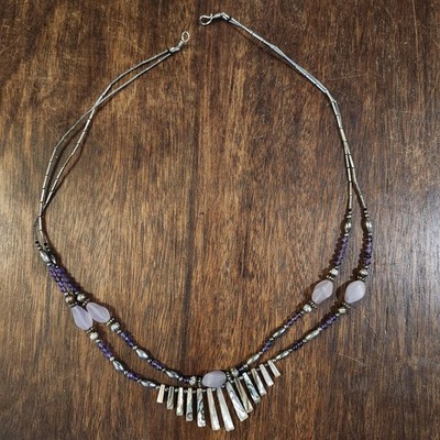 Native American Liquid Silver Double Strand Necklace Amethyst Quartz Beads M.O.P