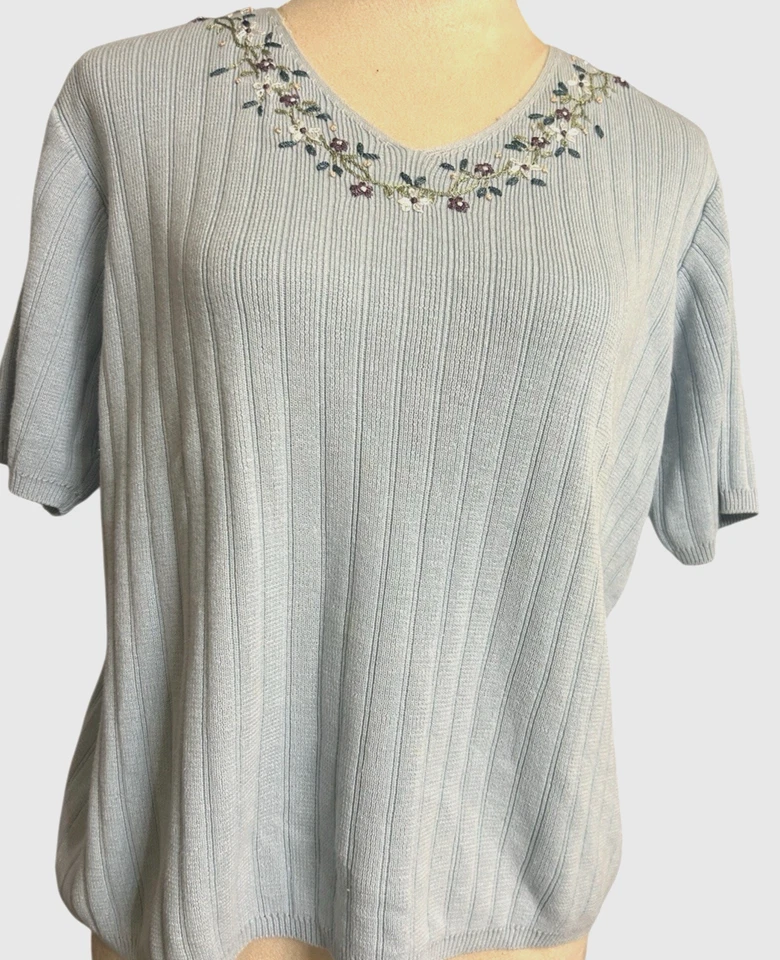 Requisitos Suéter Top Azul Manga Corta Algodón Ramie Floral Bordado Talla L Foto 3 de 4