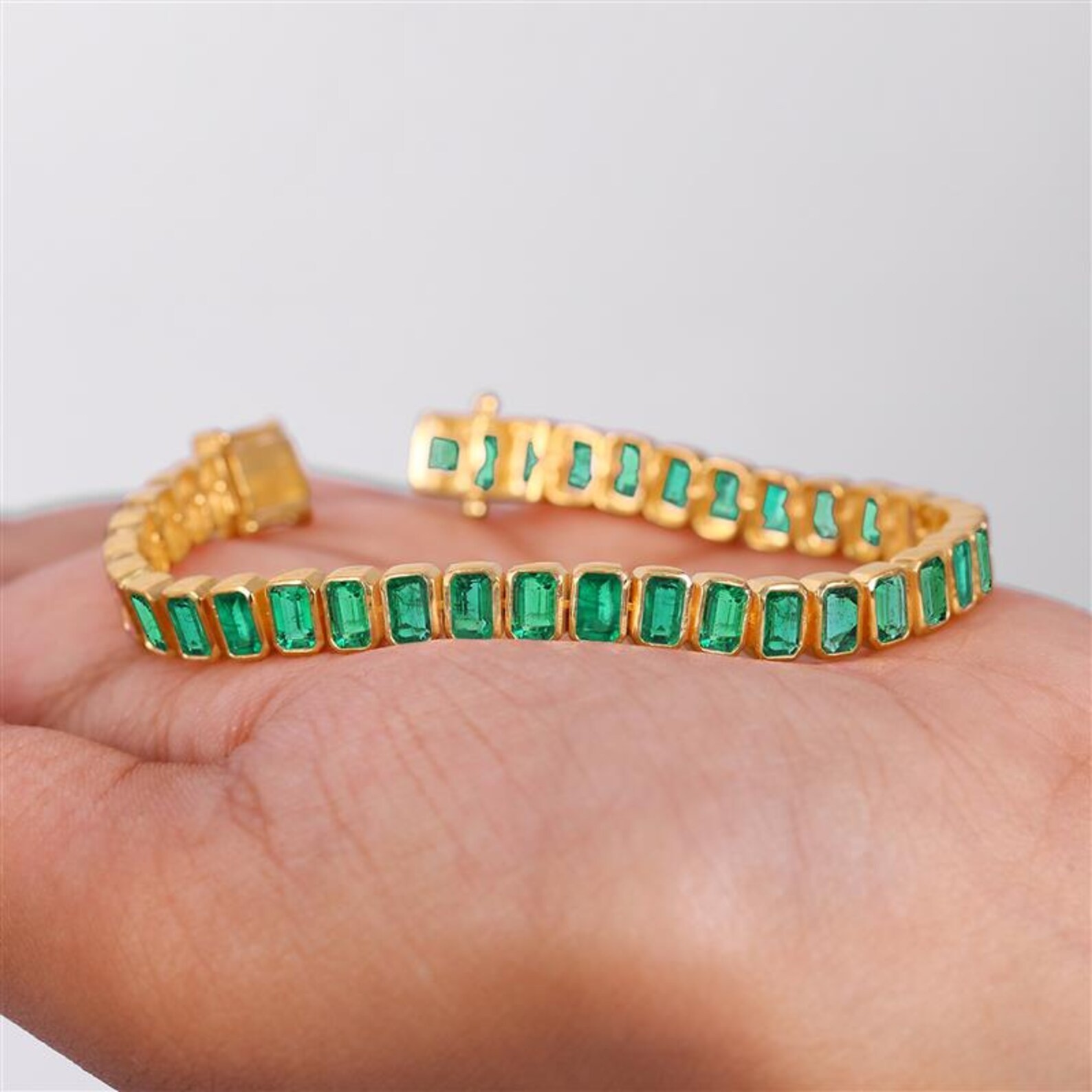 14k Solid Gold Natural Zambia Emerald Tennis Bracelet 7in Green Zambia Emerald