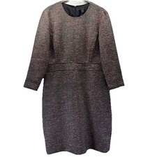 J Crew Wool Blend Dress Sz 12P Pink Black White Tweed Classic Career Modest Midi