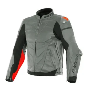 Dainese Super Race Leather Motorcycle Jacket Charcoal Grey/Fluo Red Uk 36
