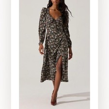 ASTR The Label Floral Long Puff Sleeve Dress Size Medium Black Cream New