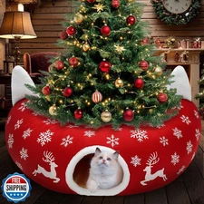 CORALMEE Cat Tunnel Christmas Tree Skirt, Cat Tunnel Bed with Han