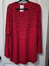 WESTBOUND WOMAN XL Red & Black Polka dot Hi/Low Microfleece Stretch Shirt