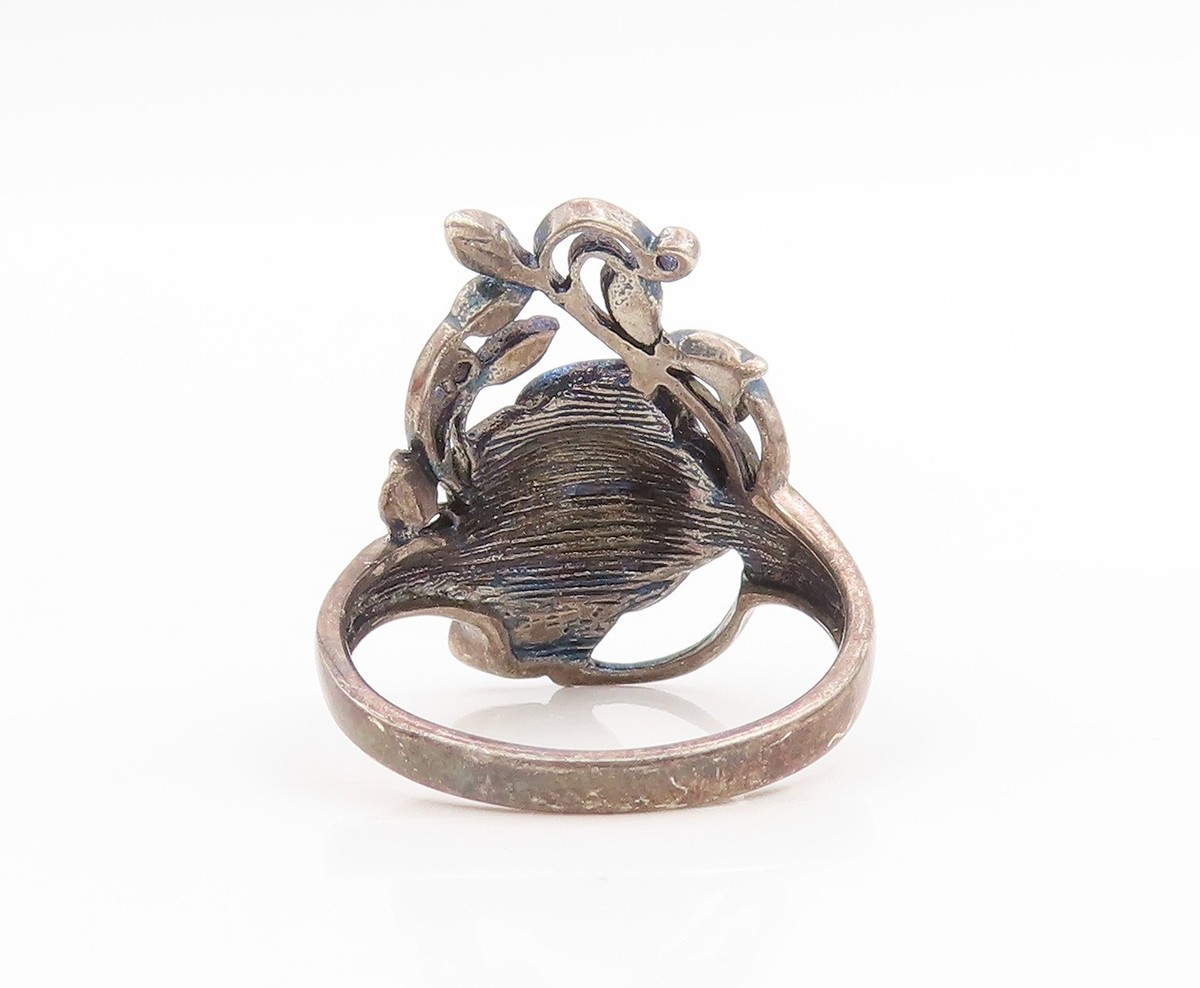 925 Sterling Silver Vintage Ring CZ Carved Floral Rose Blossom Sz