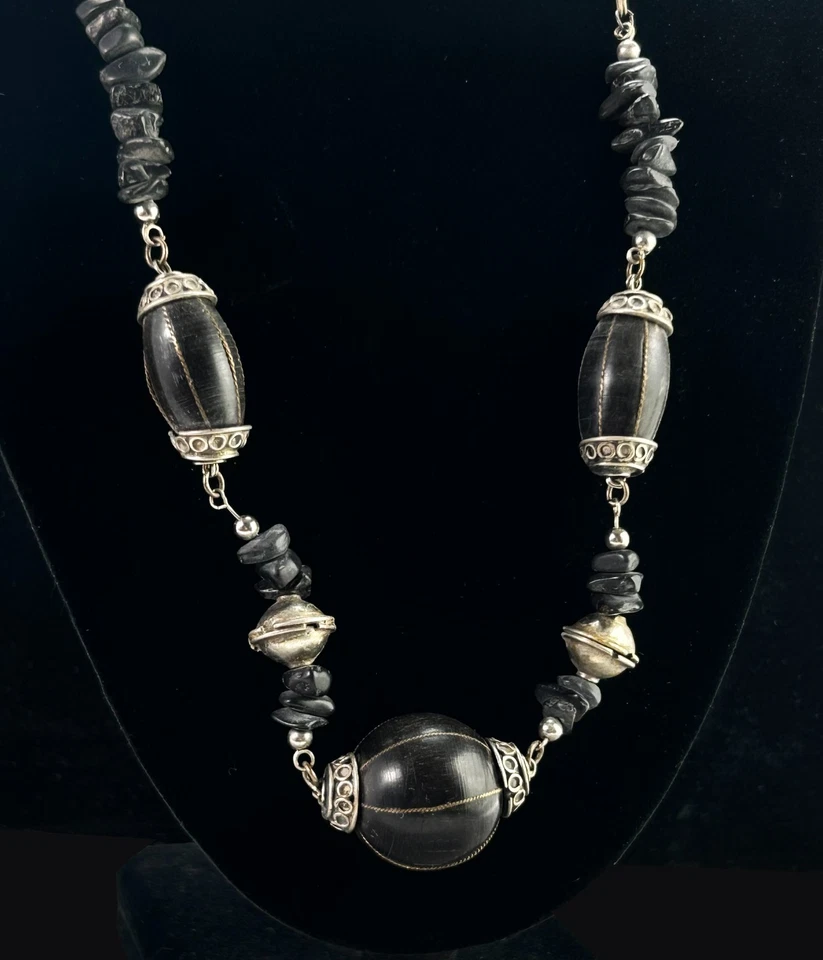 Boho Necklace Black Wood Bead & Stone & Tibetan Silver Metal Link 22" Ethnic J8 - Image 2 of 4