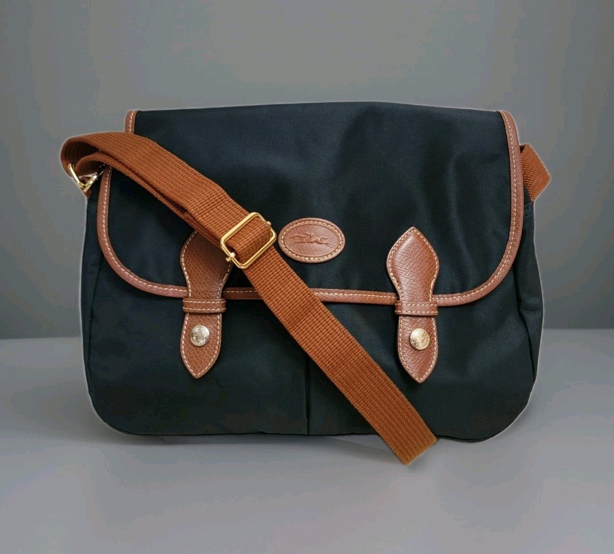 Longchamp Black Nylon Messenger Bag with Brown Strap Longchamp Brown Cloth & Leather Shoulder Bag main image 4