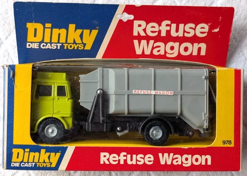 Vintage Dinky #978 Refuse Wagon Trash Truck Silver Green 2 Cans NEW Old Stock
