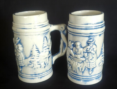 Set of (2) Weihnachten Frohliche Germany 1960s Blue Beer Stein Mugs