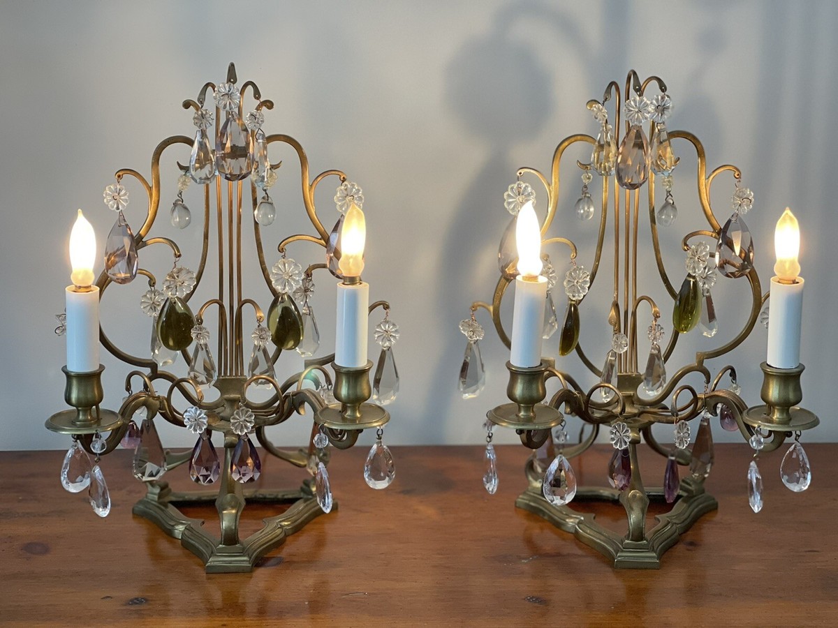 Antique French Bronze Crystal Candelabras Girandoles Lyre Mantle