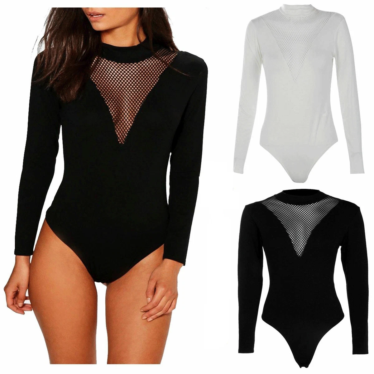 Ladies Womens Turtle Neck Mesh Insert Polo Leotard Bodysuit Top Long Sleeve  8-22