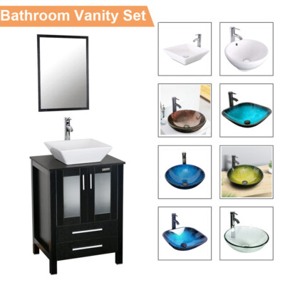 24'' Black Bathroom Vanity Cabinet Set Vessel Glass Ceramic Sink Faucet No Mirror