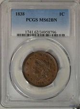 1838 Coronet Head large cent, PCGS MS62 BN